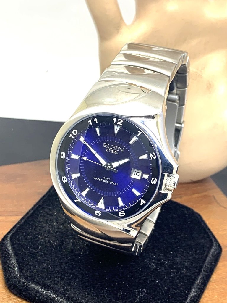 Elgin Mens Watch Fg052 Quartz Blue Dial Date Silver Stainless Steel 41mm